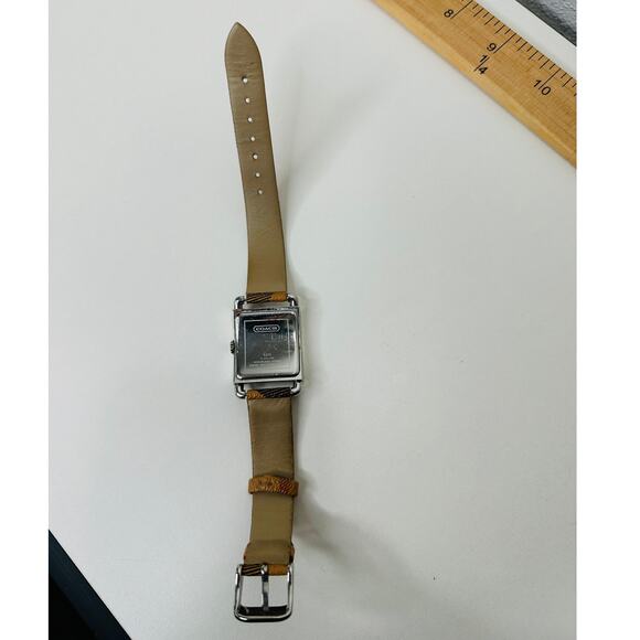 Coach Silver Square Bronze Face Watch Tan Plaid Watchband - Picture 10 of 14